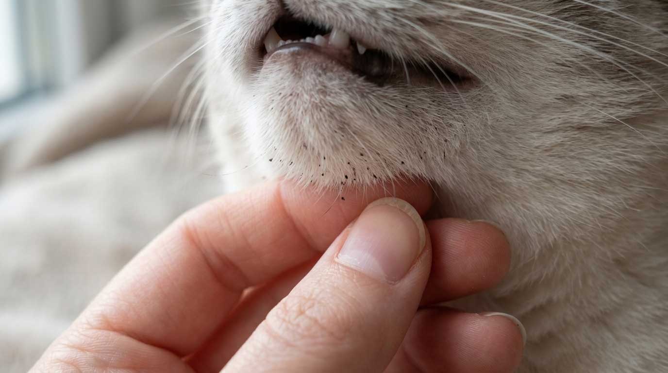 Cat chin with black specks that could be acne, flea dirt, or mites