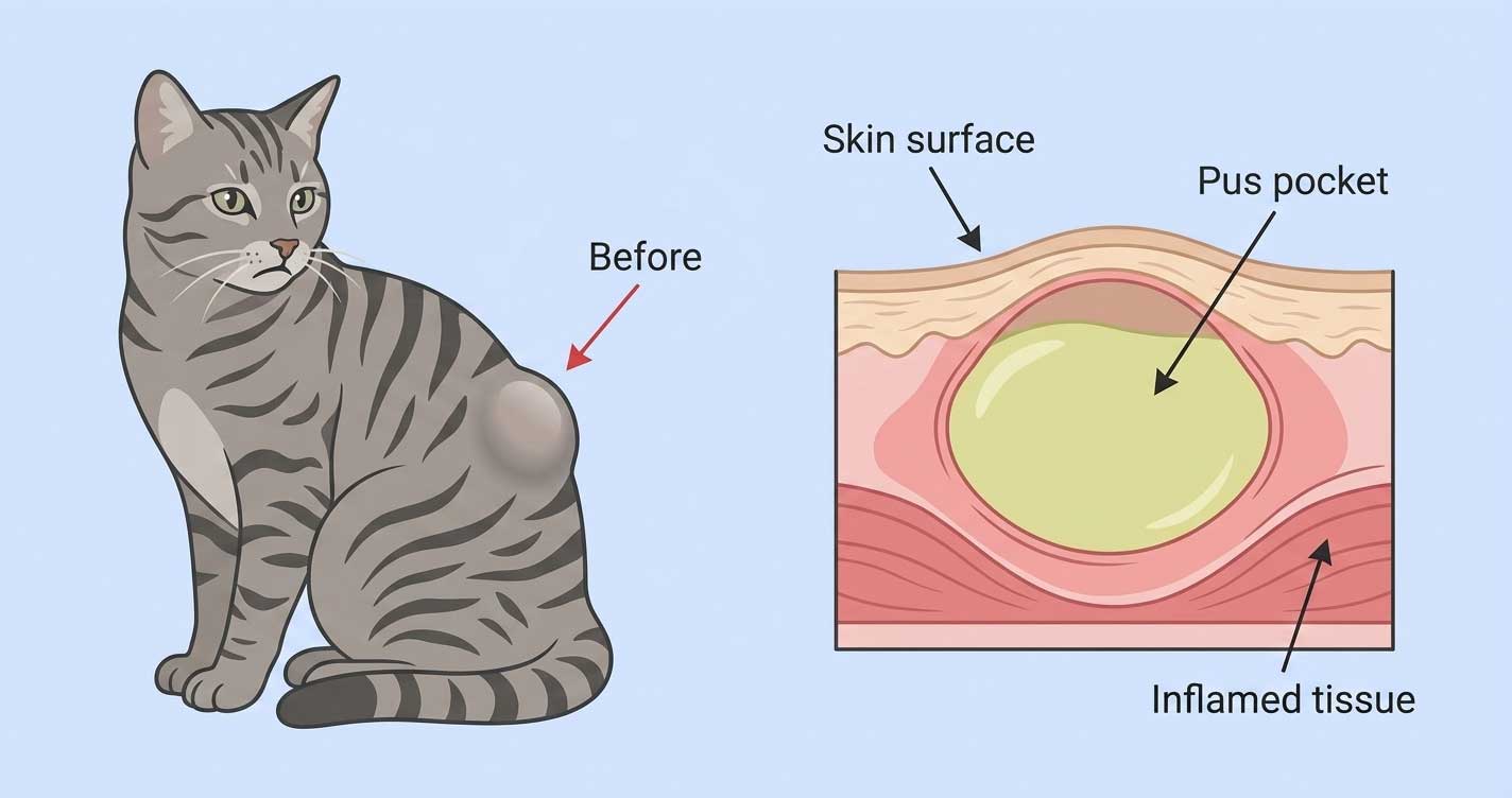 Cat abscess that has burst showing drainage and surrounding area