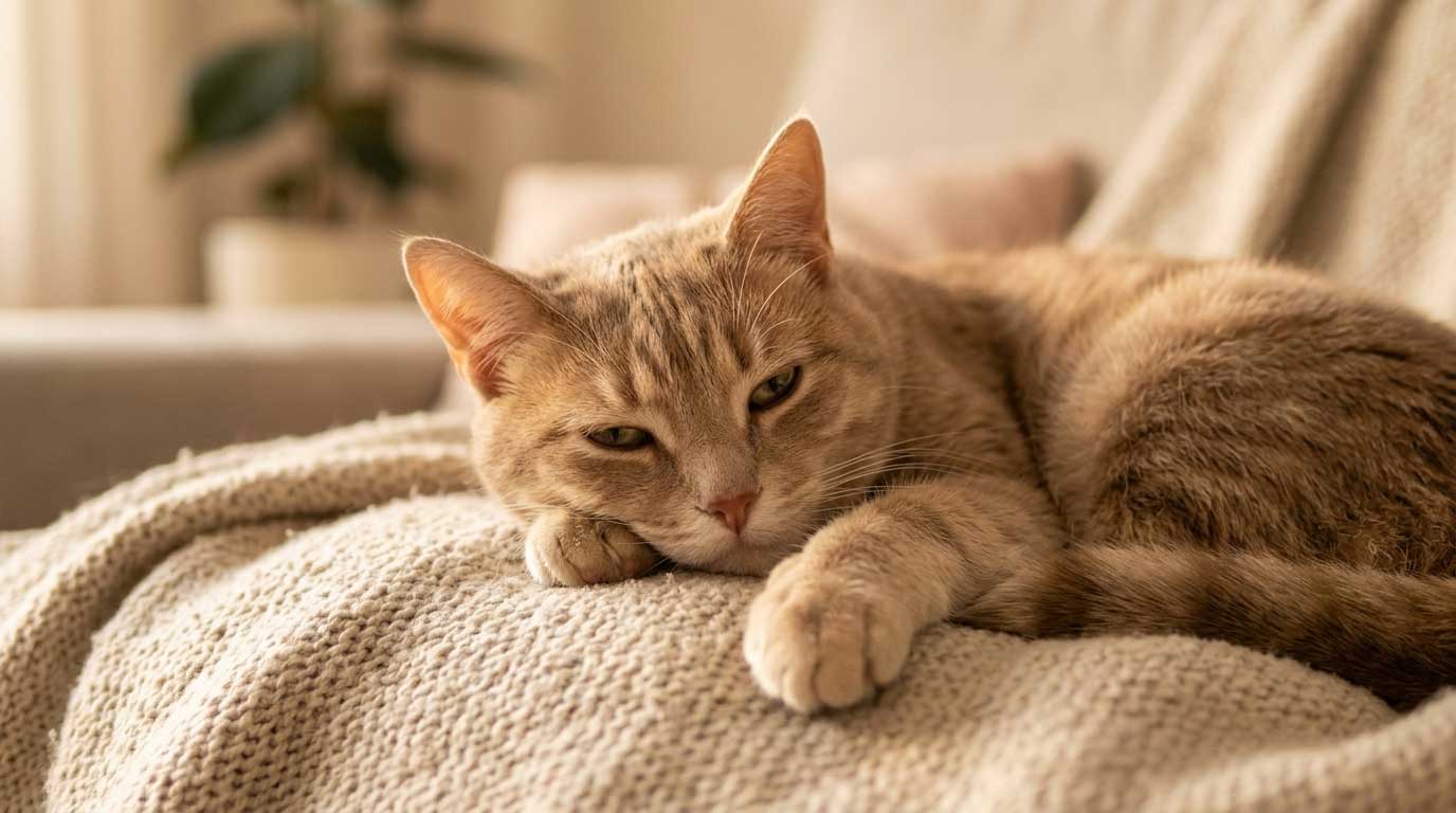 Cat relaxing after acne treatment showing clearer chin