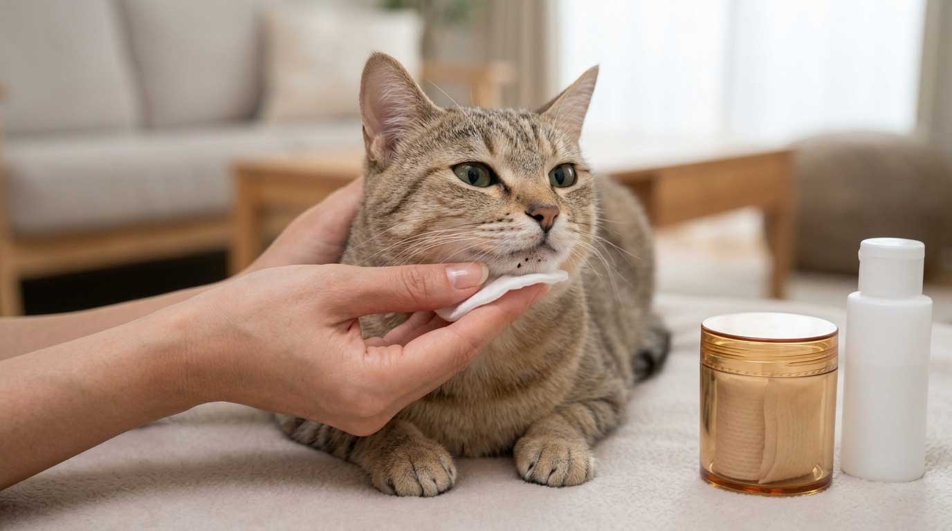 Hand applying medicated wipe to cat chin for acne treatment