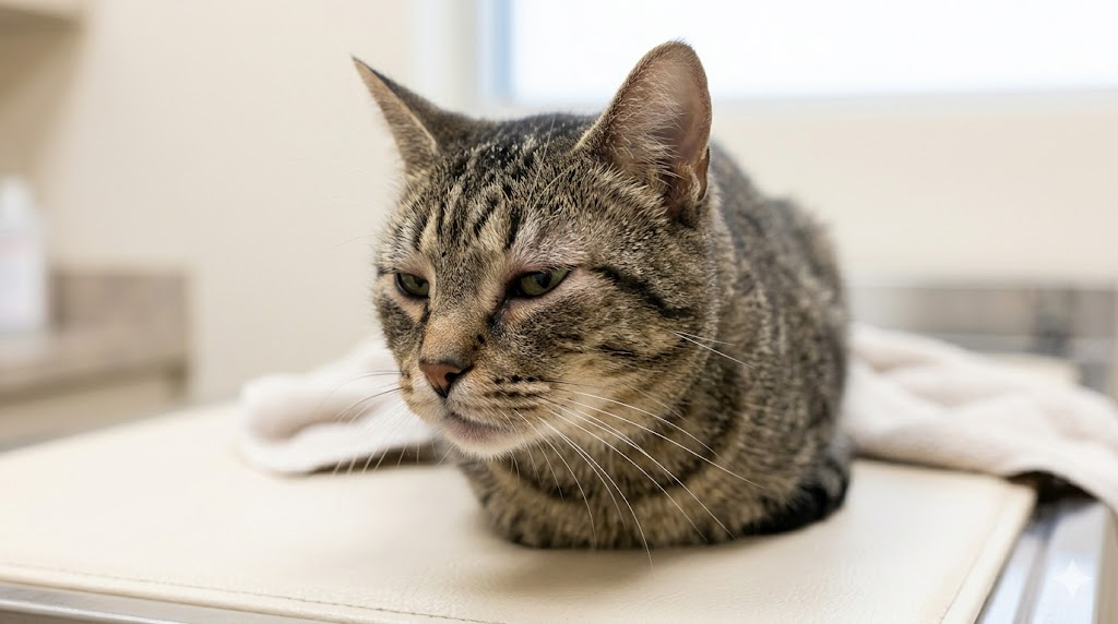 Cat with allergic reaction showing swollen face and puffy skin around eyes