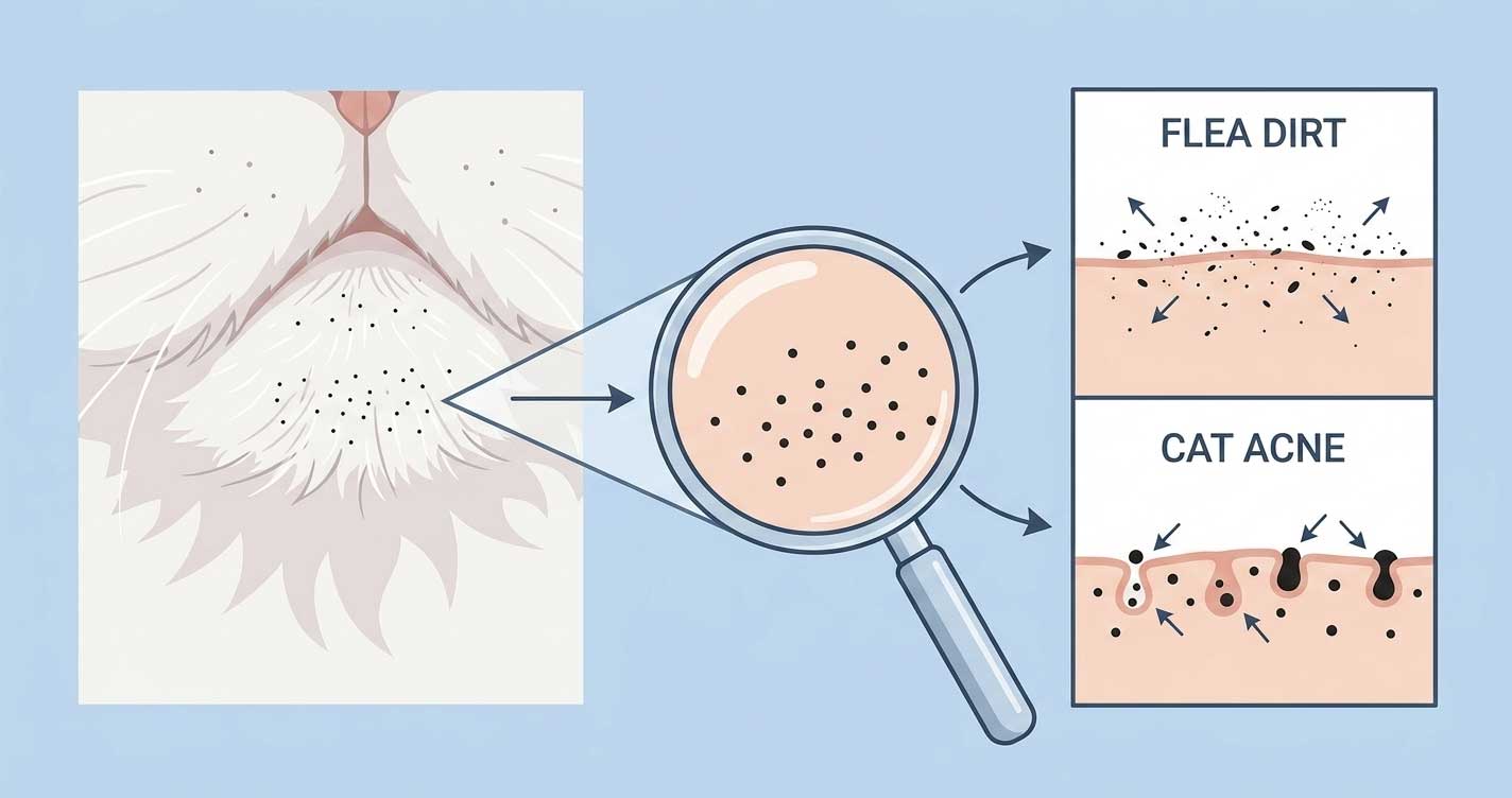 Black specks on cat chin showing comparison of flea dirt vs feline acne