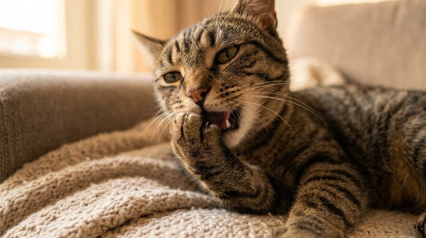 Cat chewing on its paw while sitting on a couch