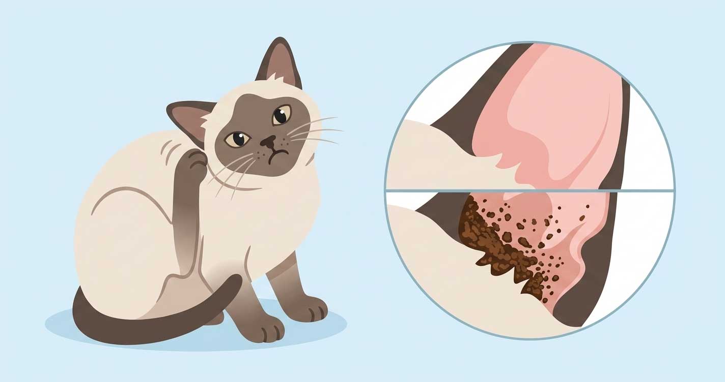 Cat ear showing dark brown discharge from ear mites vs normal clean ear