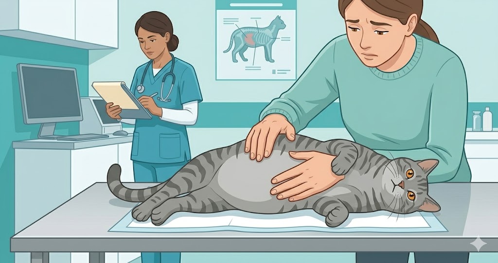 Veterinarian examining cat with swollen distended belly to determine cause