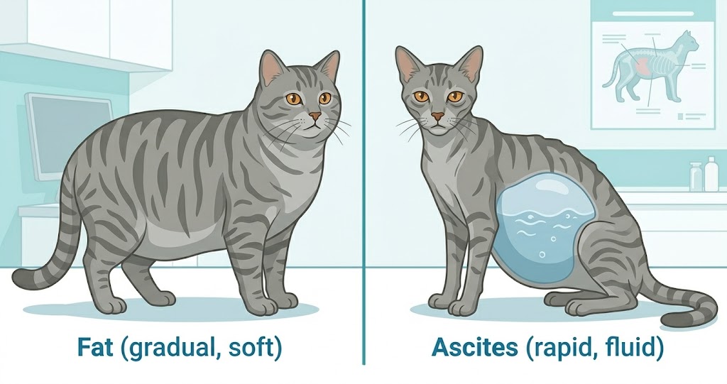 Comparison of fat cat belly versus bloated ascites belly in cats