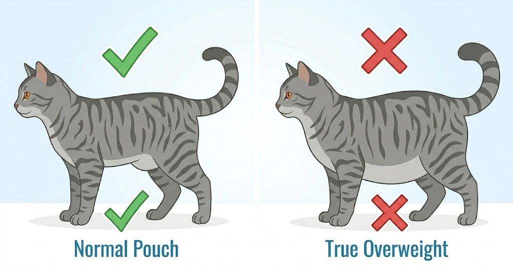 Comparison showing primordial pouch vs overweight cat belly