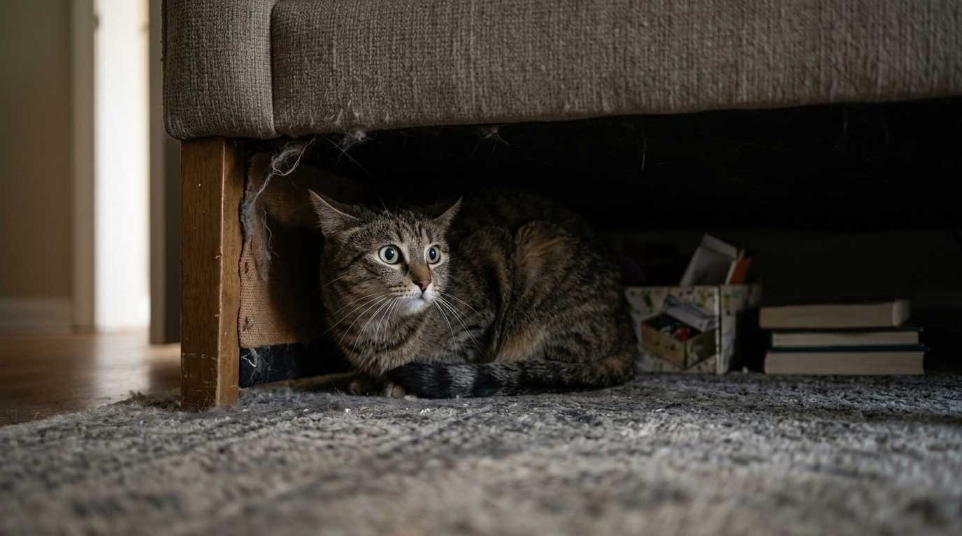 Stressed cat hiding showing signs of feline idiopathic cystitis