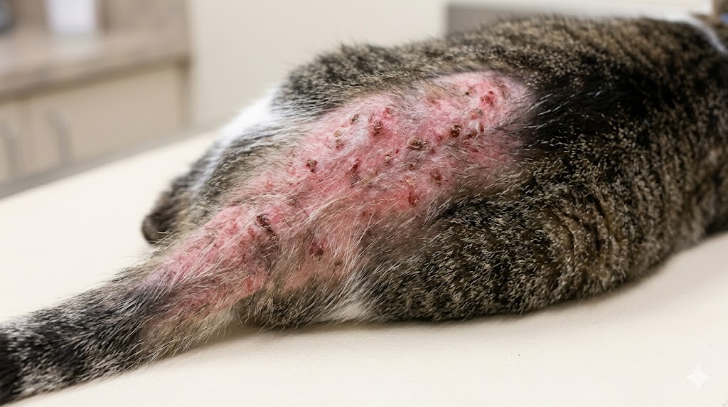 Cat flea allergy dermatitis showing scabs and hair loss on lower back