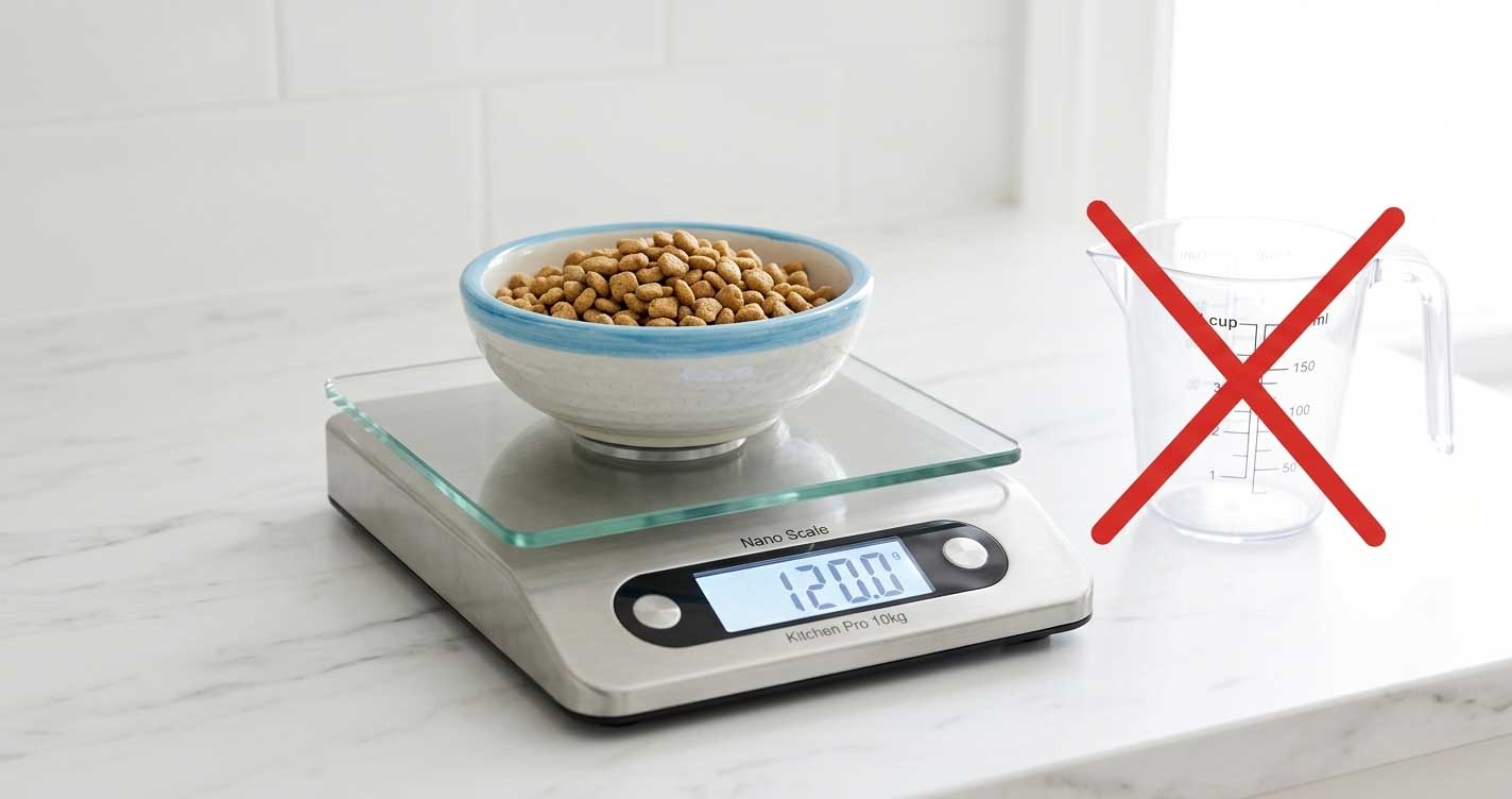 Kitchen scale being used to accurately measure cat food by weight in grams
