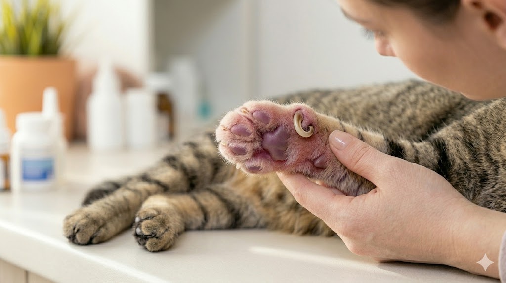 Close-up of a cat paw with an ingrown nail curling into the pad