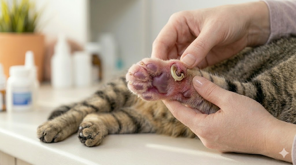 Cat paw with nail bed infection showing redness and swelling around the claw base