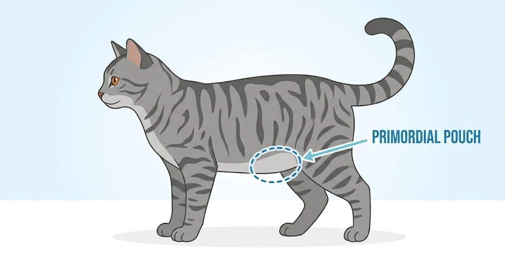 Diagram showing the primordial pouch location on a cat belly