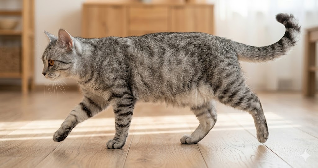 Cat showing primordial pouch while walking — loose belly skin that swings