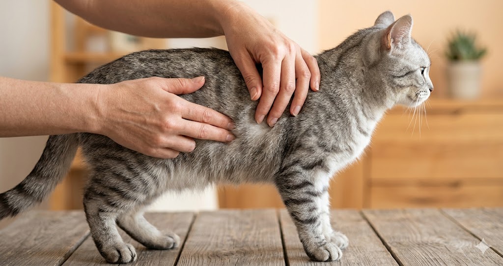 Demonstrating the cat rib test for overweight assessment