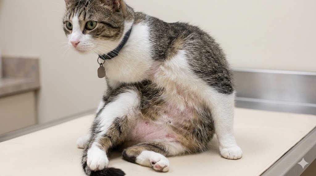 Cat with skin allergy showing patchy hair loss and irritated skin