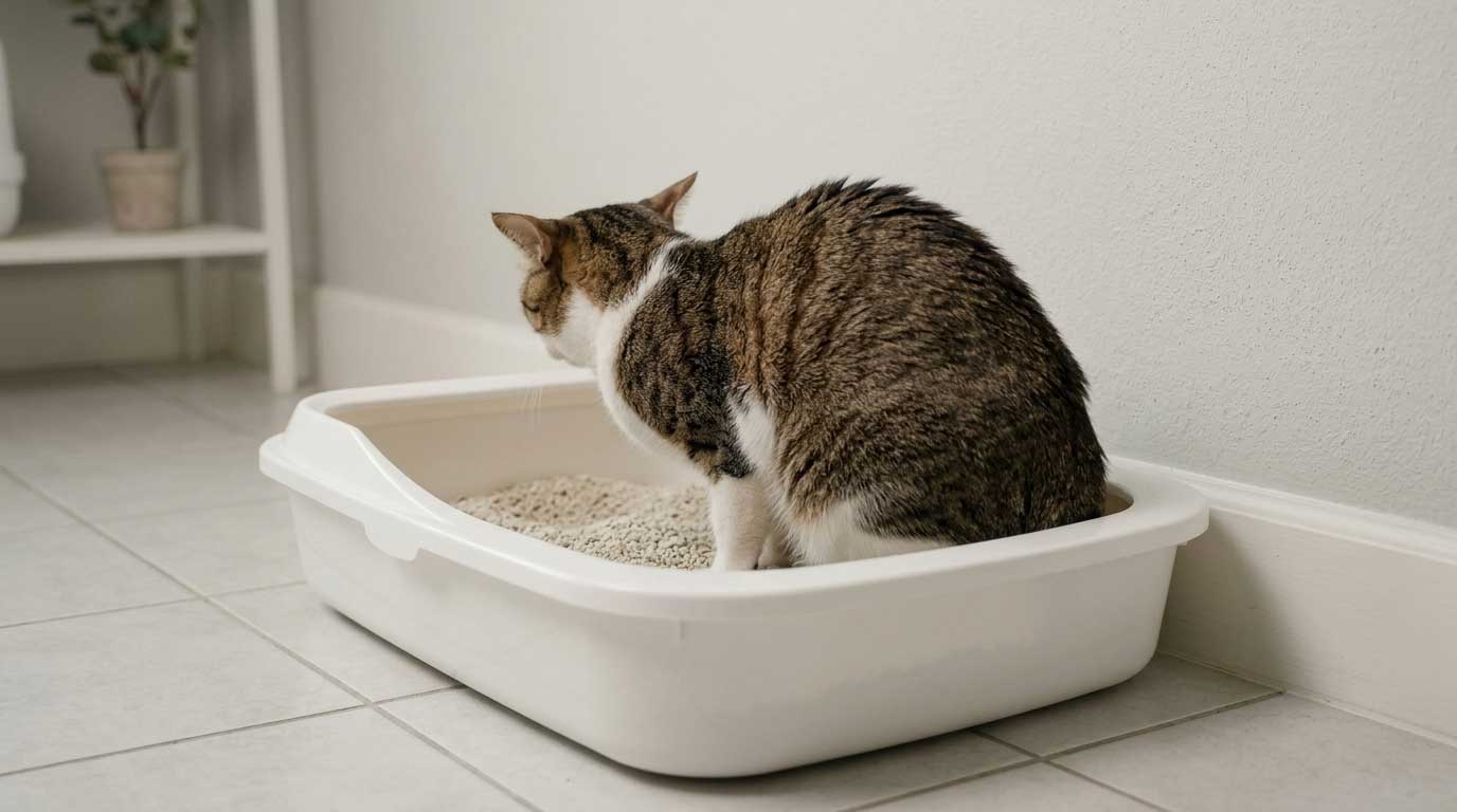 Cat straining in litter box showing signs of urinary blockage