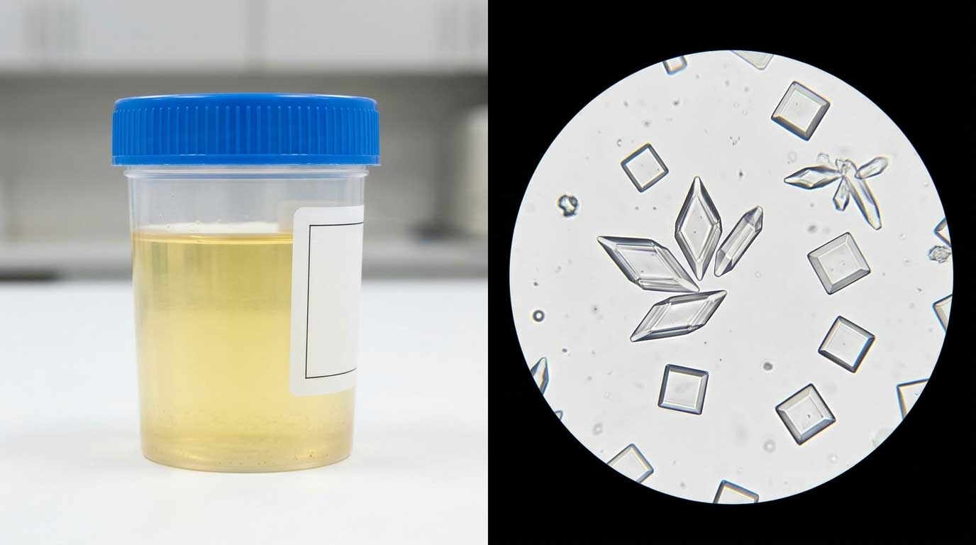 Cat urine crystals under microscope showing struvite and oxalate types