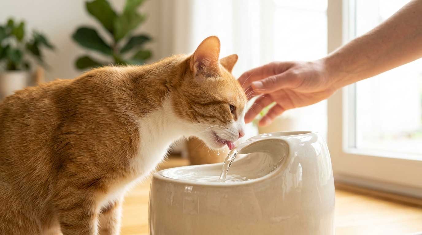 Cat drinking water with owner checking for UTI symptoms