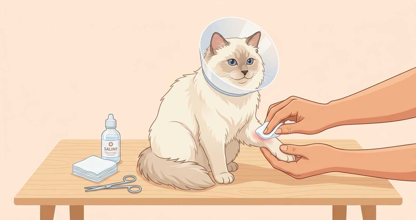 Cat wound being gently cleaned at home with saline solution