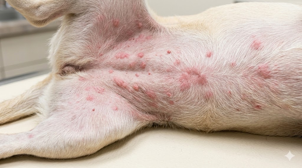 Dog allergic reaction bumps showing raised red welts and hives on belly