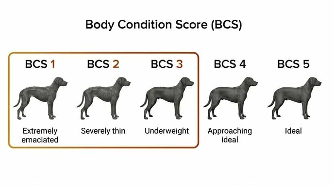 Dog body condition score chart showing underweight BCS 1-3 ranges
