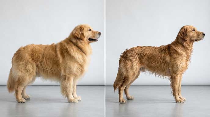 Same fluffy dog before bath (looks normal) and after bath (body shape revealed)
