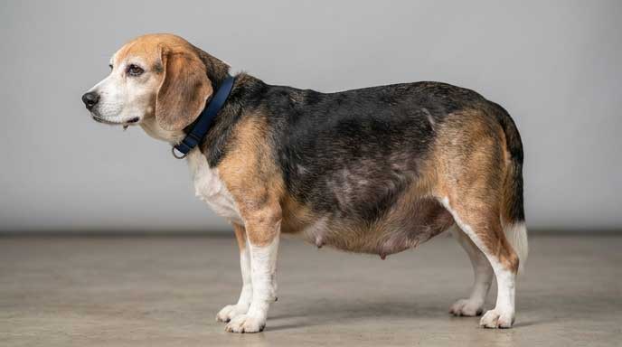 Dog with Cushing's disease showing pot-belly appearance distinct from simple obesity