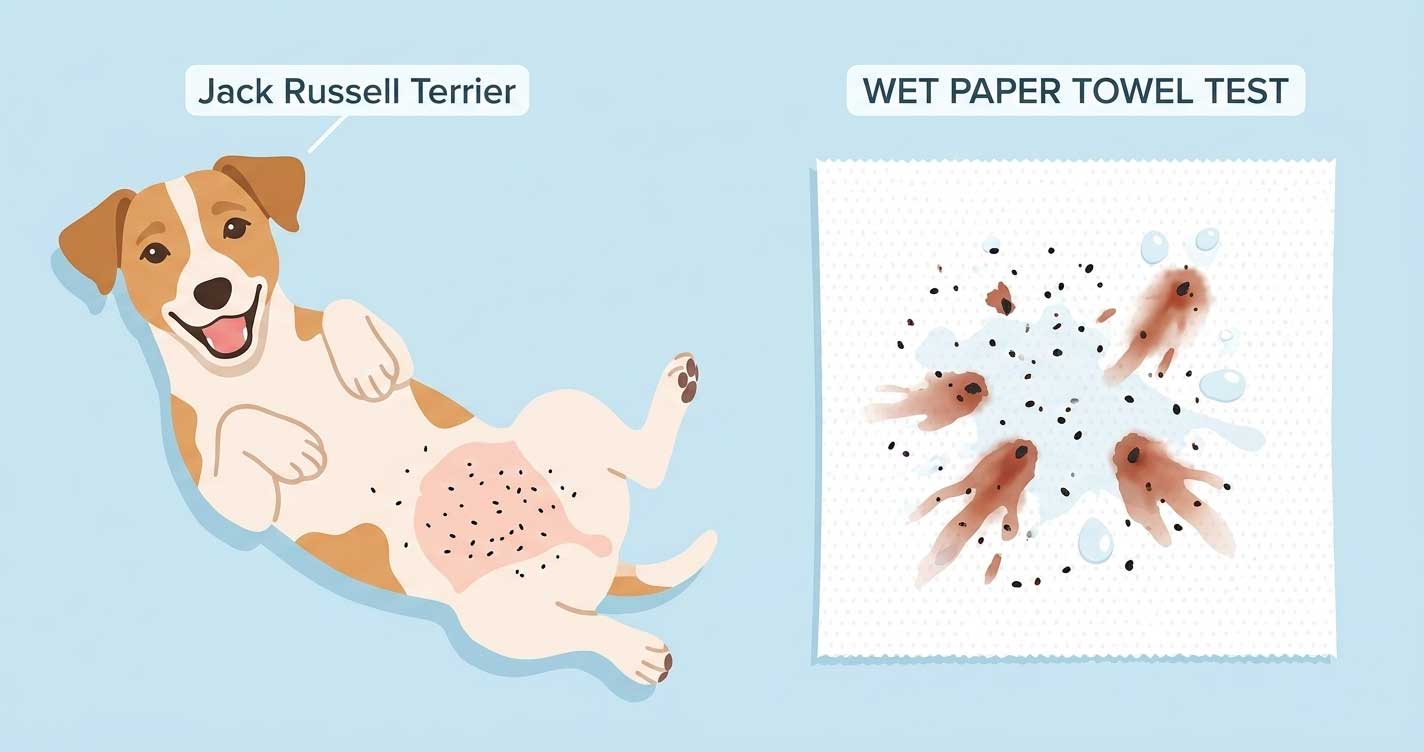 Close-up of flea dirt on dog skin showing tiny black specks among fur