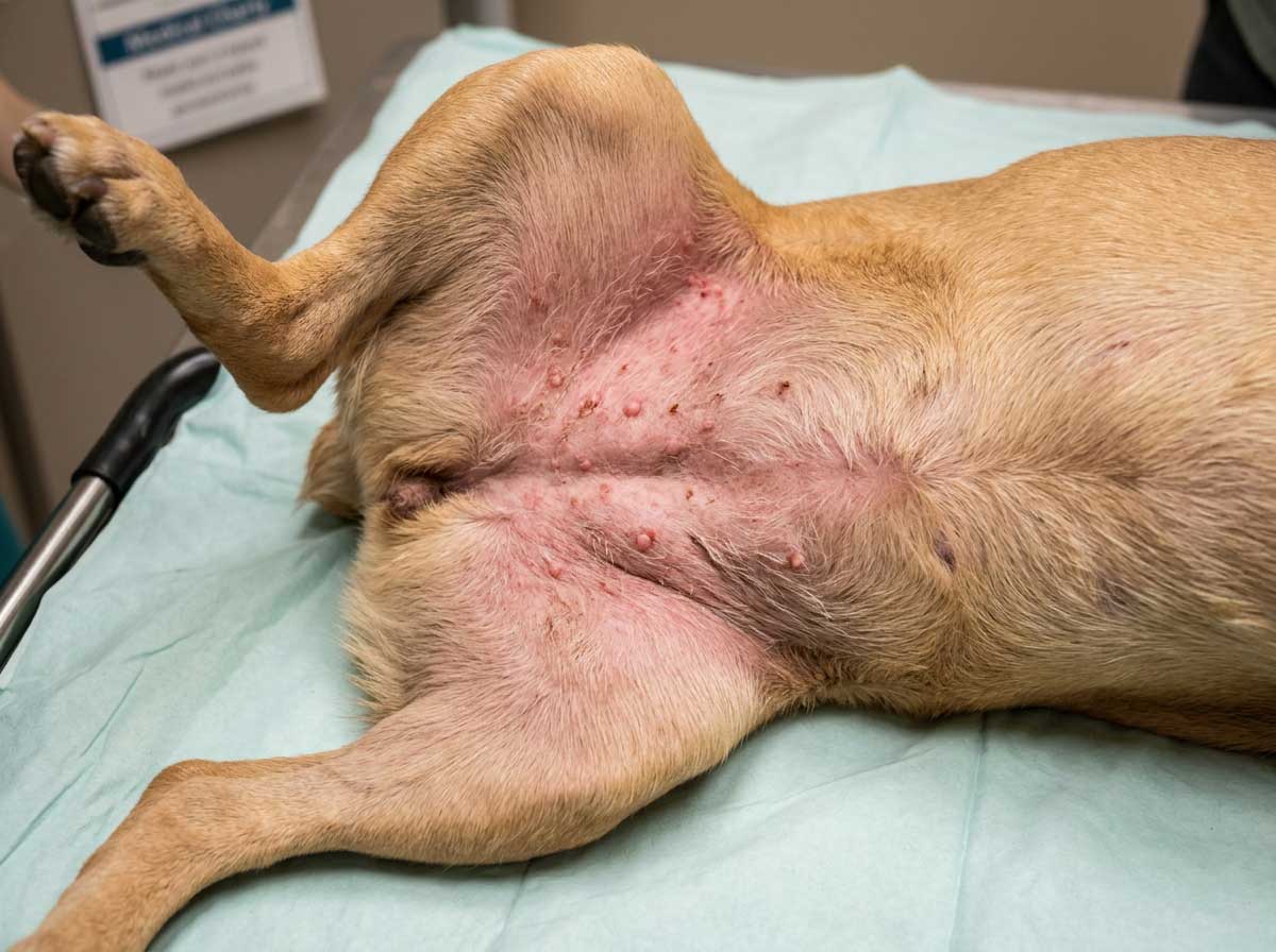Dog food allergy symptoms showing red bumpy rash on belly and groin
