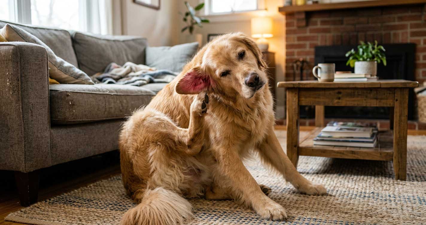 Dog scratching ear from food allergy showing redness and discomfort