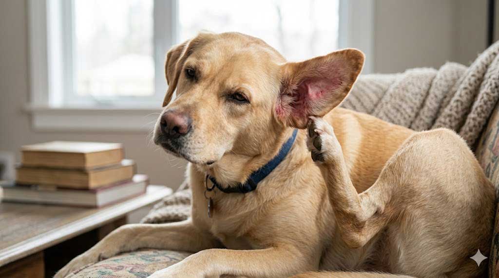 Dog scratching ear showing chronic itchiness from food allergy