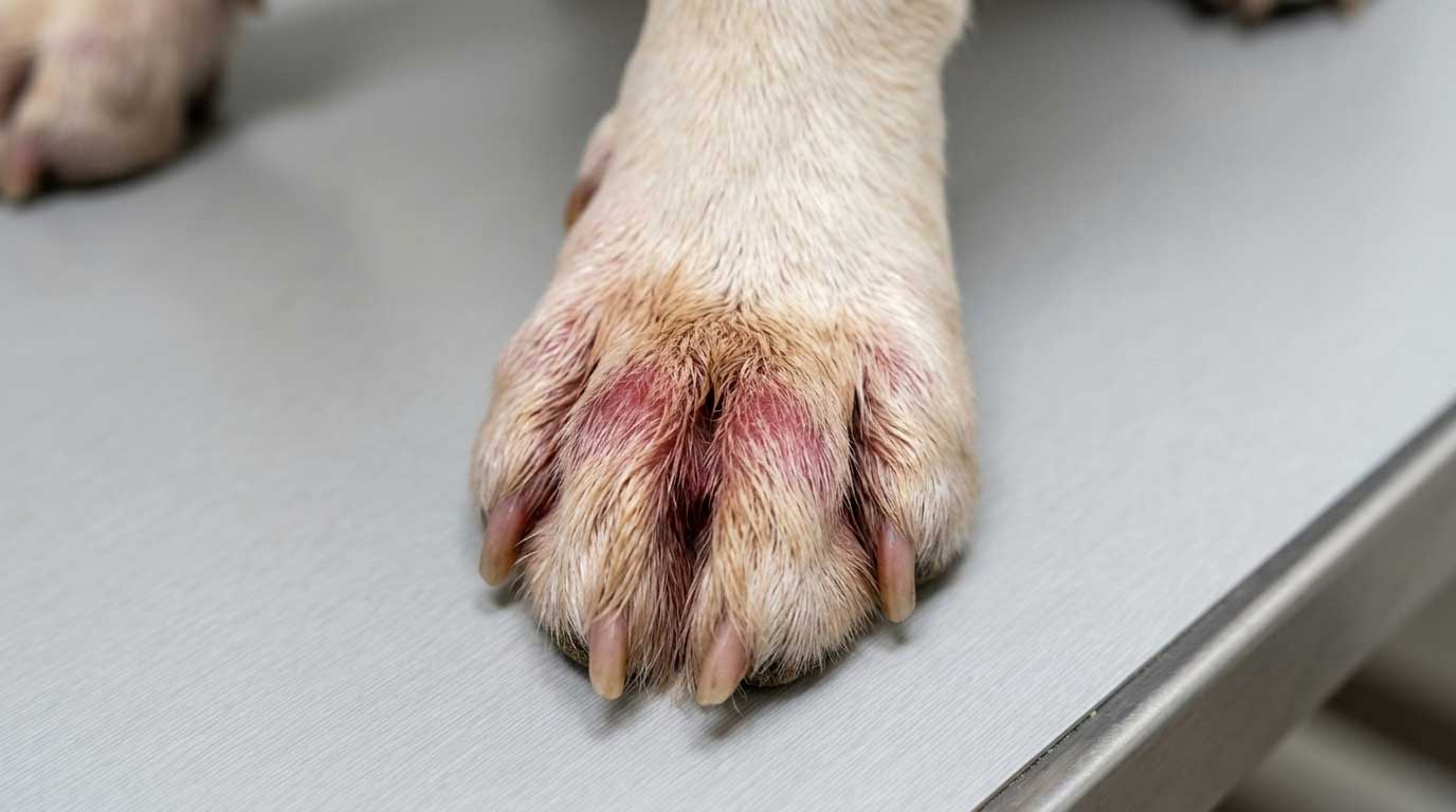 Dog paw with allergic dermatitis showing redness between toes