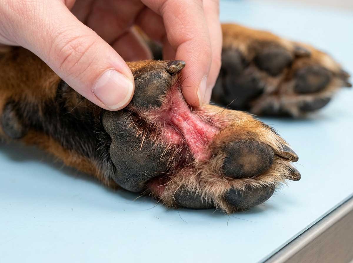 Close-up of red inflamed skin between a dog's toes