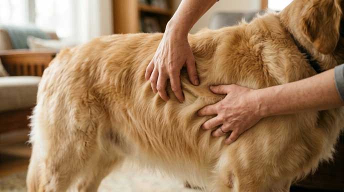 Hands performing rib palpation on a fluffy long-coated dog to check body condition
