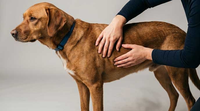 Demonstration of the rib test to check if a dog is overweight