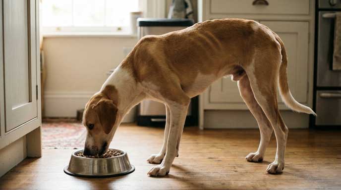 Skinny dog eating from bowl despite looking underweight