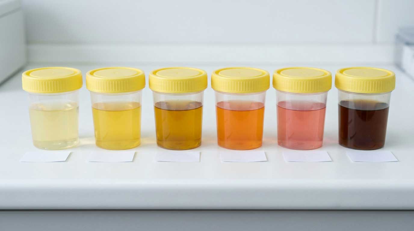 Dog urine color chart showing healthy pale yellow through concerning dark and red shades