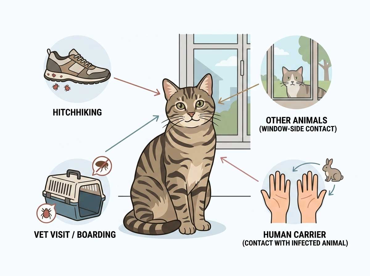 Infographic showing how indoor cats get ear mites — from shoes, other pets, vet visits, and human hands