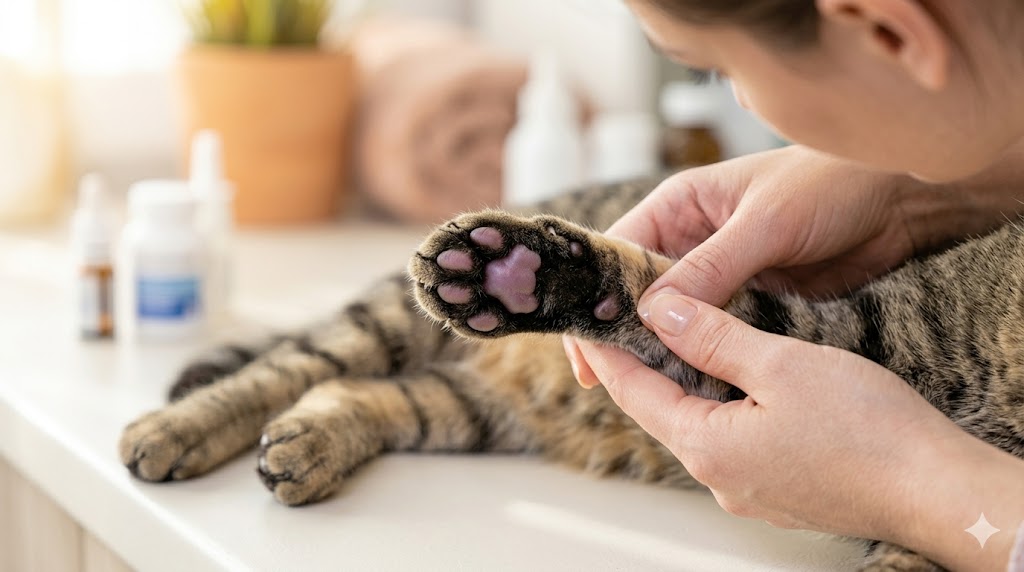 Hand holding a cat paw showing pillow foot condition during vet examination