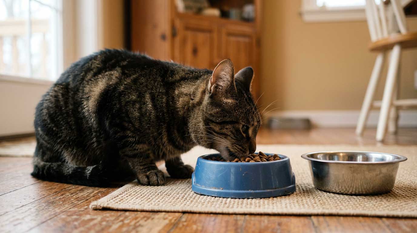 Cat eating from plastic bowl showing chin contact with rim