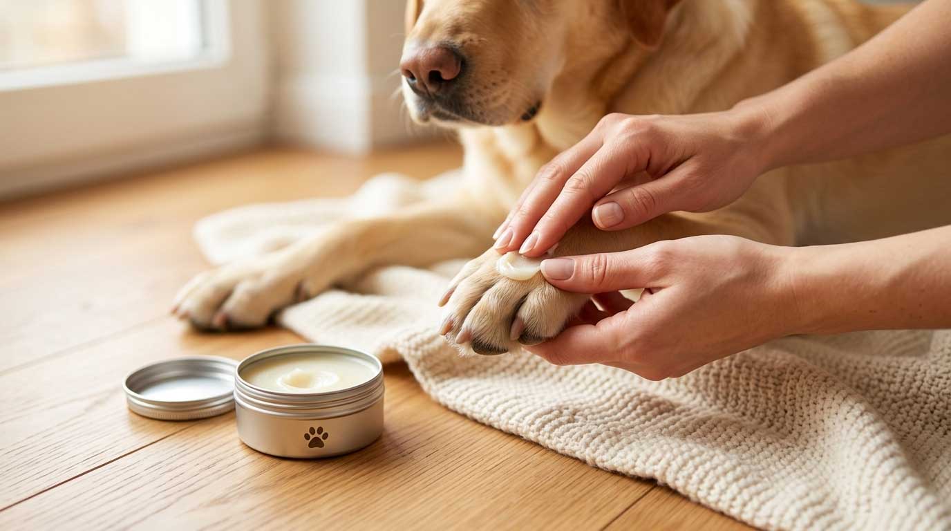 Owner applying paw balm to stop dog from licking paws