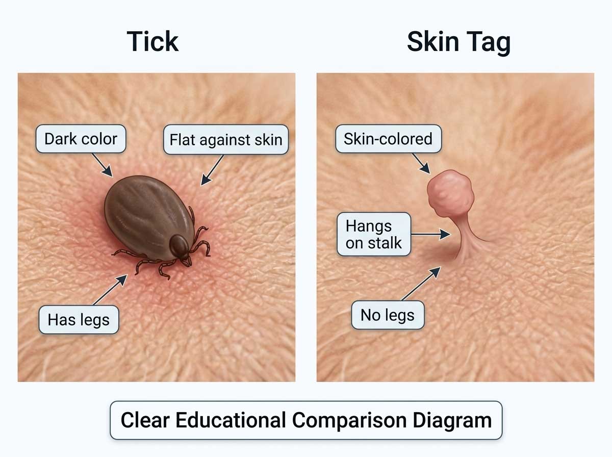 Side-by-side comparison of tick vs skin tag on dog — tick is dark, flat, has legs; skin tag is skin-colored, hangs on stalk, no legs