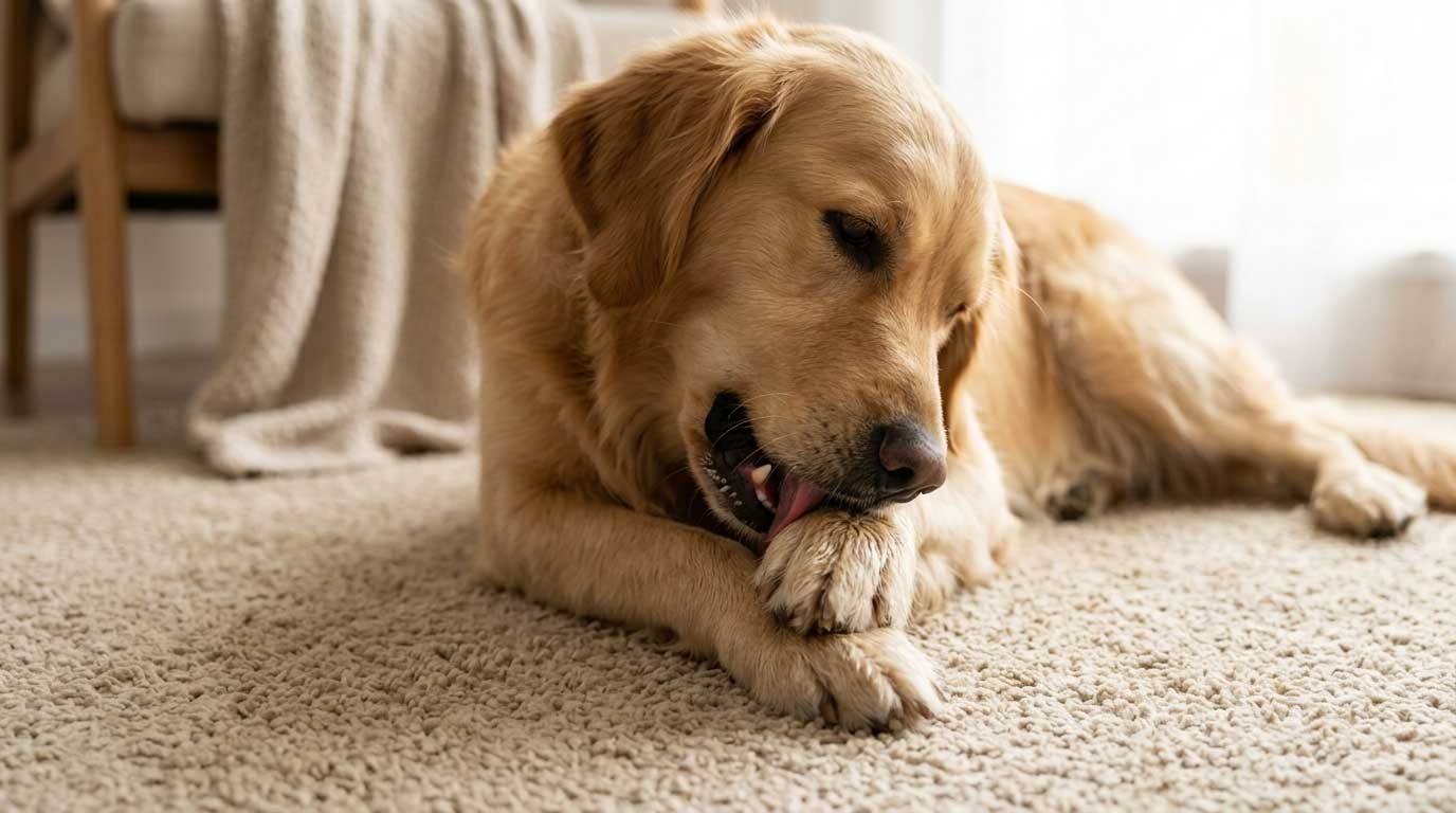 Dog licking and chewing their paw on a couch