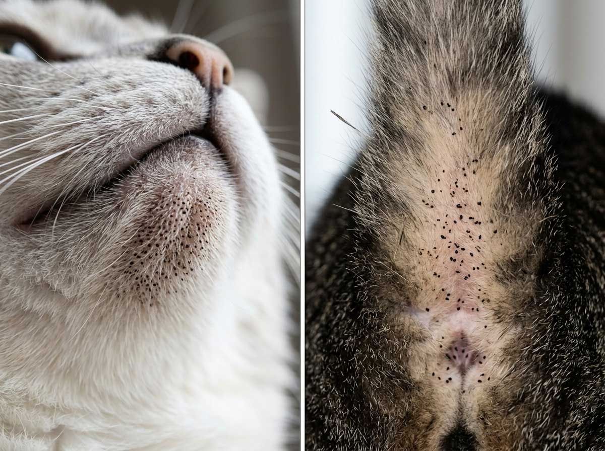 Comparison showing cat chin acne versus flea dirt appearance