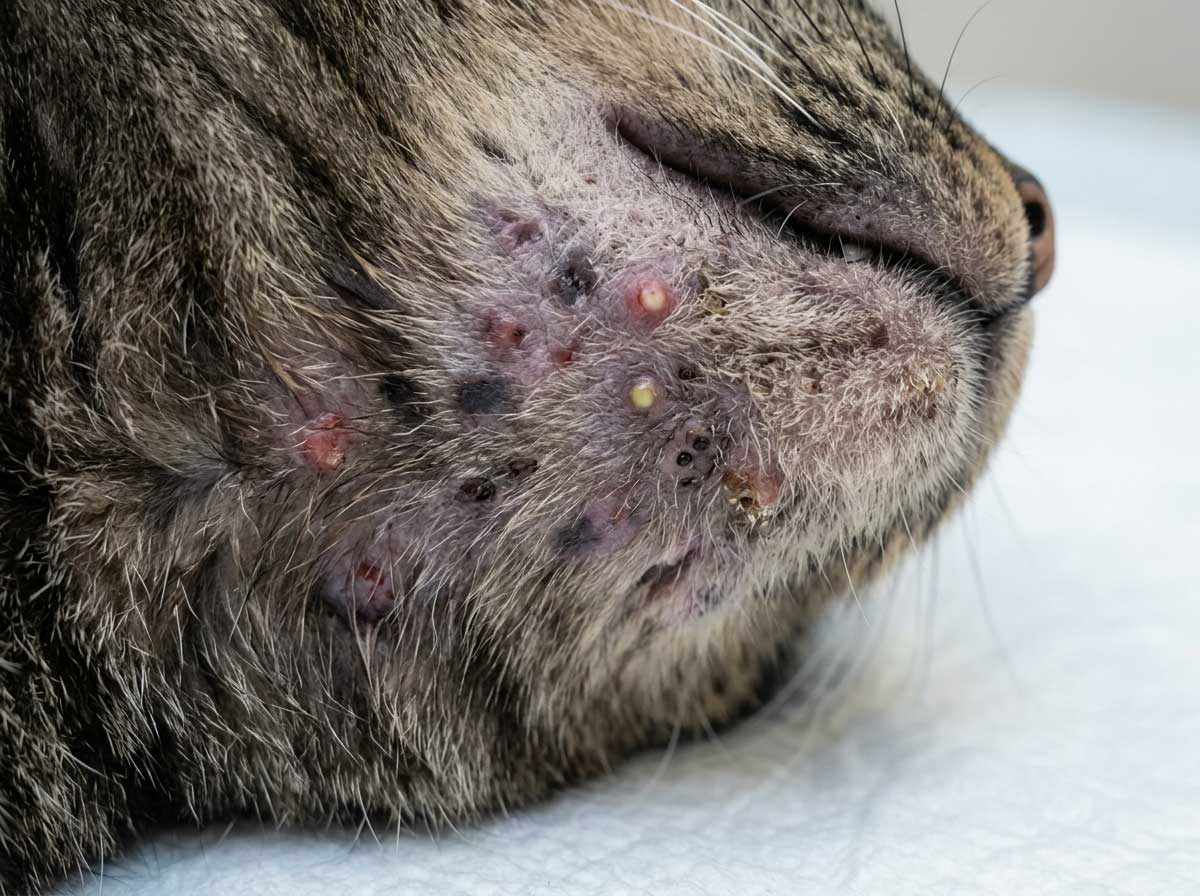 Cat with chronic recurring acne showing flare-up and healed areas mixed