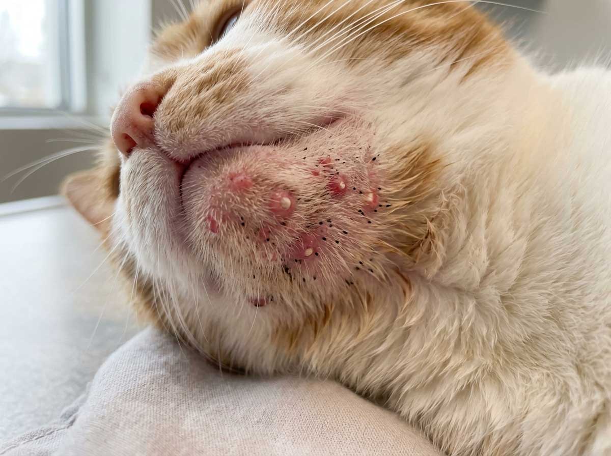 Cat chin with moderate acne showing red bumps and pimples