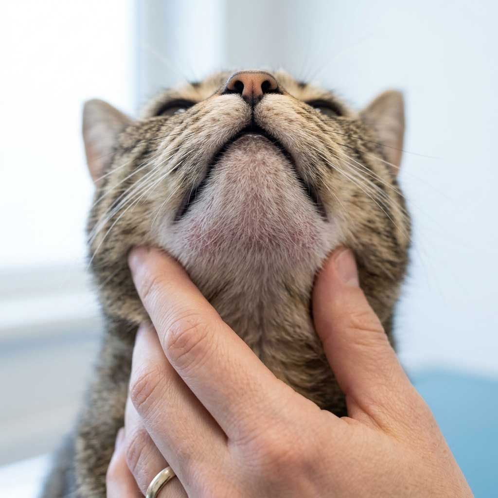 Good example: well-lit photo of cat chin showing blackheads and skin texture