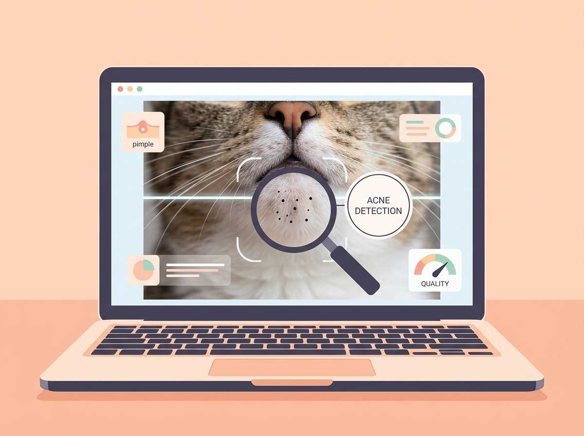 AI analyzing cat chin photo for acne, flea dirt, and mites