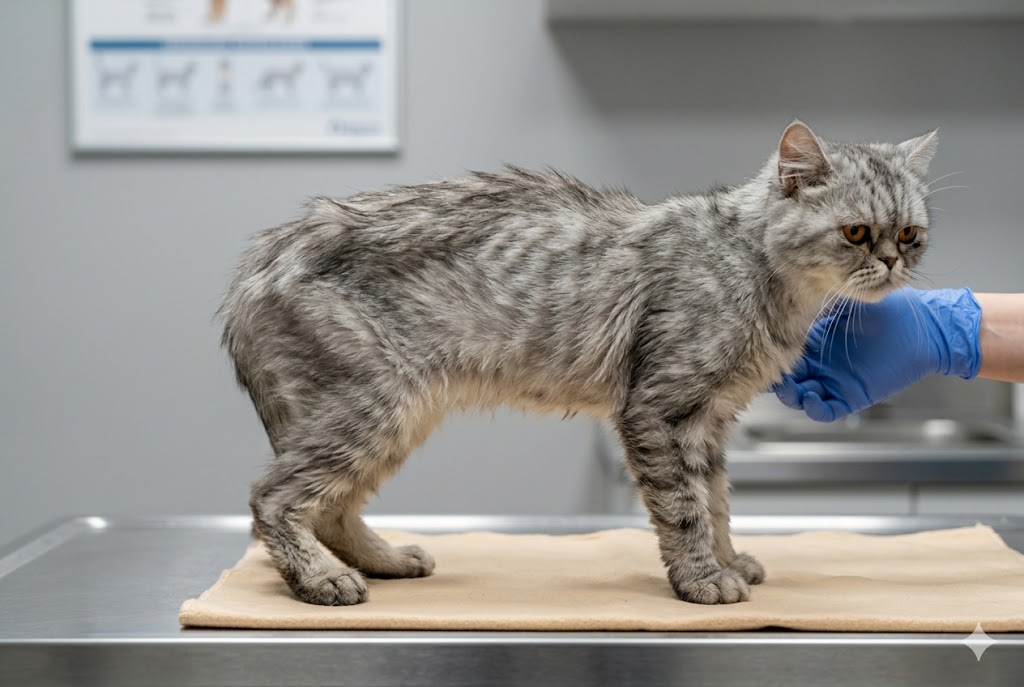 Severely underweight cat on veterinary examination table with visible rib and spine outline